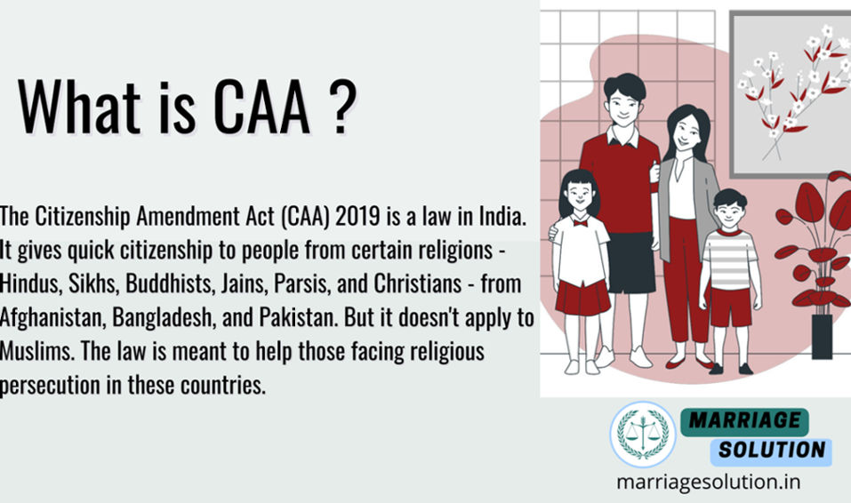 Illustration representing the Citizenship Amendment Act (CAA) with diverse people and India's flag.