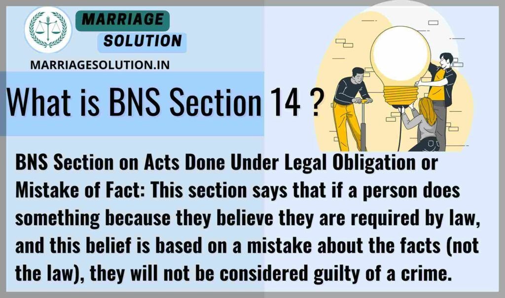 BNS section 14 on acts done under legal obligation or mistake of fact.